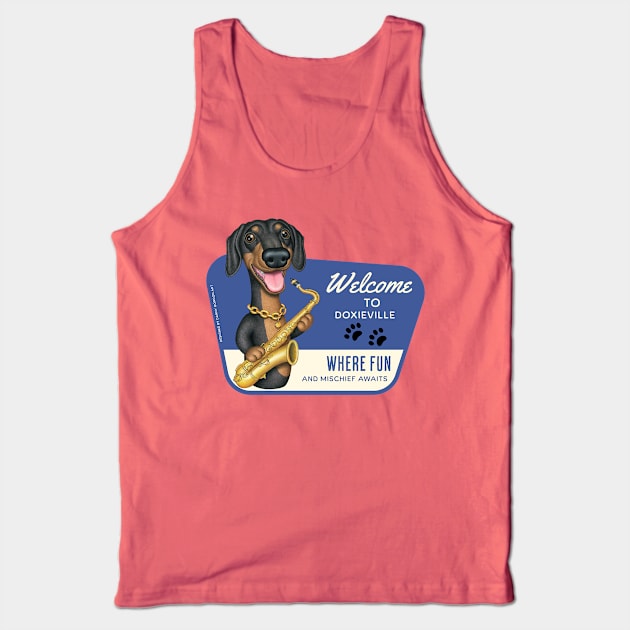 Fun Dachshund playing Sax in Doxieville, USA Tank Top by Danny Gordon Art